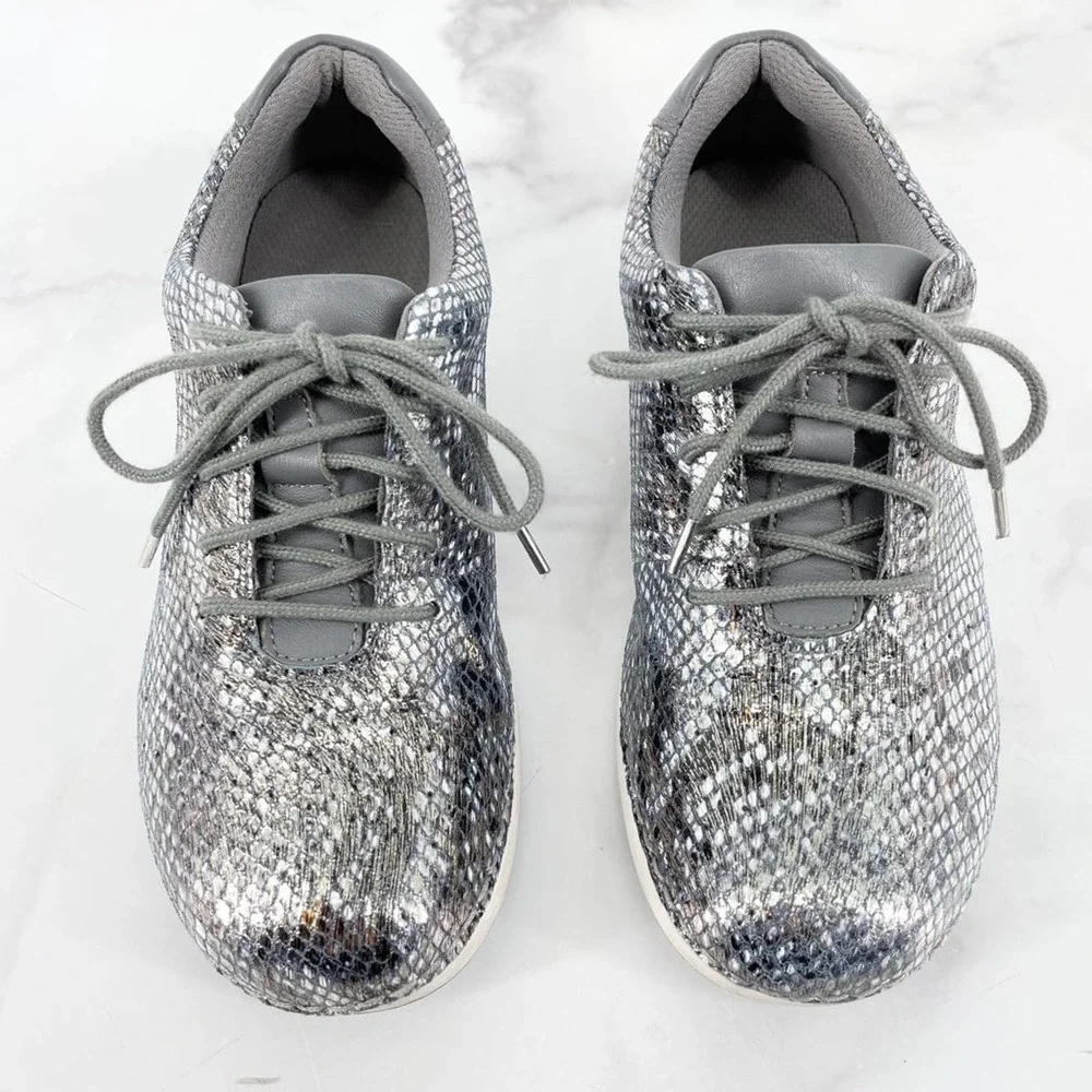 Alegria Essence Posh Pewter Sneakers Metallic Snakeskin Leather Lace Up Size 6